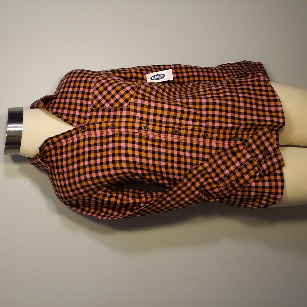 OLD NAVY XS FLANNEL SHIRT NWT Black orange pink check Soft long sleeve